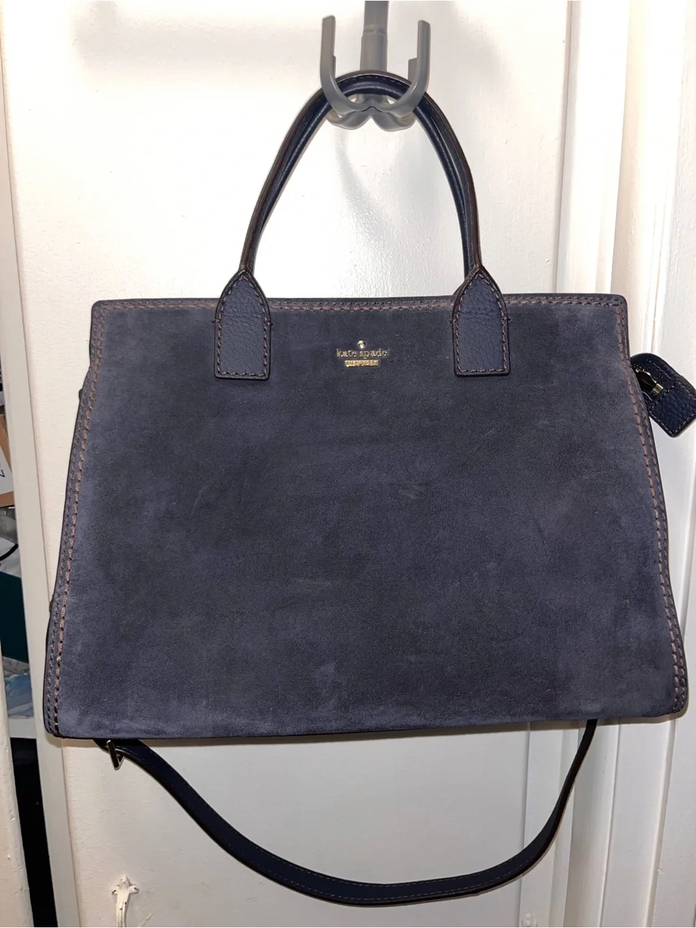 kate spade navy suede satchel with top handles